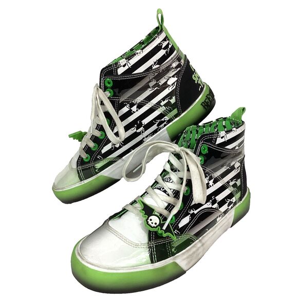 Ground Up Beetlejuice Hi Top-Women 7-Green/Black/White All-Over Print-Bat Charm - Picture 1 of 12